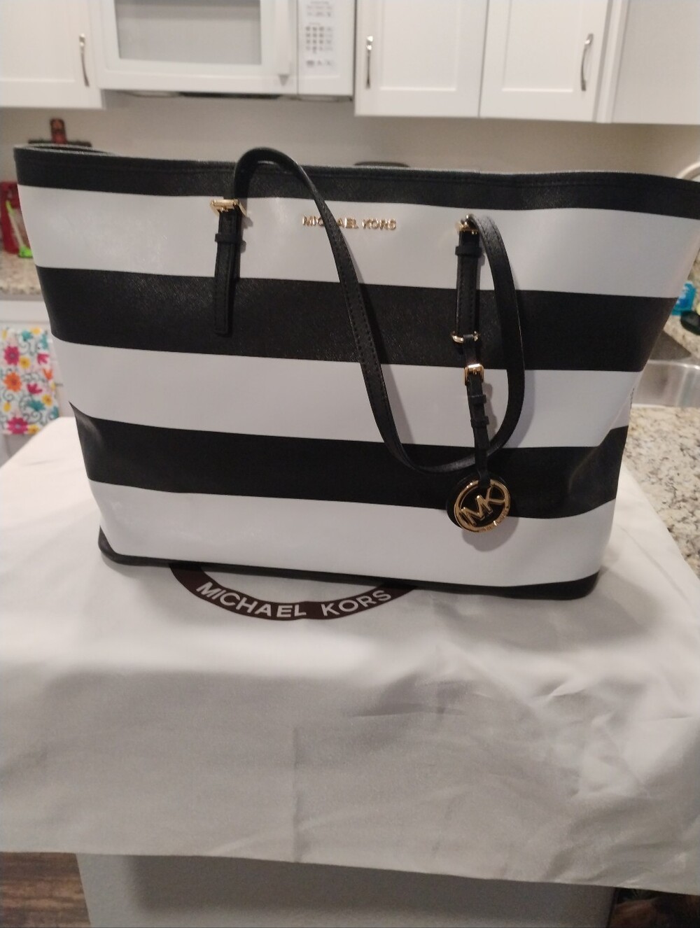 Michael Kors Black and White Striped Tote with Gold Hardware